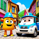 **Prompt:** Robocar Poli and his friends (Roy, Amber, Helly) working together as a team to rescue a child in Brooms Town. Bright, colorful, cartoon style, emphasis on friendship and teamwork.