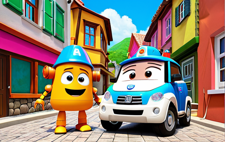 **Prompt:** Robocar Poli and his friends (Roy, Amber, Helly) working together as a team to rescue a child in Brooms Town. Bright, colorful, cartoon style, emphasis on friendship and teamwork.