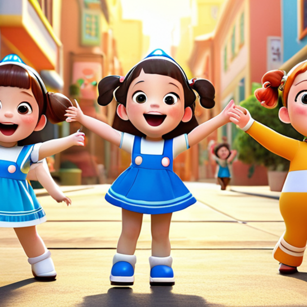 **

A vibrant scene depicting children joyfully dancing and singing along to the Robocar Poli theme song. The characters Poli, Amber, Roy, and Helly are also present, radiating positivity and excitement. The background should evoke feelings of nostalgia and happy childhood memories. Focus on bright colors and dynamic poses.

**