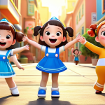 **

A vibrant scene depicting children joyfully dancing and singing along to the Robocar Poli theme song. The characters Poli, Amber, Roy, and Helly are also present, radiating positivity and excitement. The background should evoke feelings of nostalgia and happy childhood memories. Focus on bright colors and dynamic poses.

**