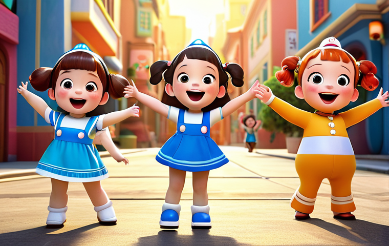 **
A vibrant scene depicting children joyfully dancing and singing along to the Robocar Poli theme song. The characters Poli, Amber, Roy, and Helly are also present, radiating positivity and excitement. The background should evoke feelings of nostalgia and happy childhood memories. Focus on bright colors and dynamic poses.
**