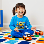 A cheerful young child, approximately 4 years old, fully clothed in a bright, modest Robocar Poli-themed t-shirt and comfortable play trousers. The child is actively engaged in imaginative play on a soft, colorful rug in a well-lit, tidy children's room, surrounded by various toy vehicles and building blocks. Their expression is one of pure joy and concentration, embodying the spirit of playful learning. Perfect anatomy, correct proportions, natural pose, well-formed hands, proper finger count. Professional photography, vibrant colors, soft natural light, high-resolution, safe for work, appropriate content, family-friendly, professional dress, modest clothing.