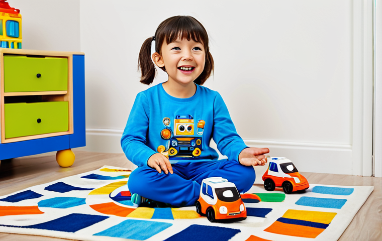 A cheerful young child, approximately 4 years old, fully clothed in a bright, modest Robocar Poli-themed t-shirt and comfortable play trousers. The child is actively engaged in imaginative play on a soft, colorful rug in a well-lit, tidy children's room, surrounded by various toy vehicles and building blocks. Their expression is one of pure joy and concentration, embodying the spirit of playful learning. Perfect anatomy, correct proportions, natural pose, well-formed hands, proper finger count. Professional photography, vibrant colors, soft natural light, high-resolution, safe for work, appropriate content, family-friendly, professional dress, modest clothing.
