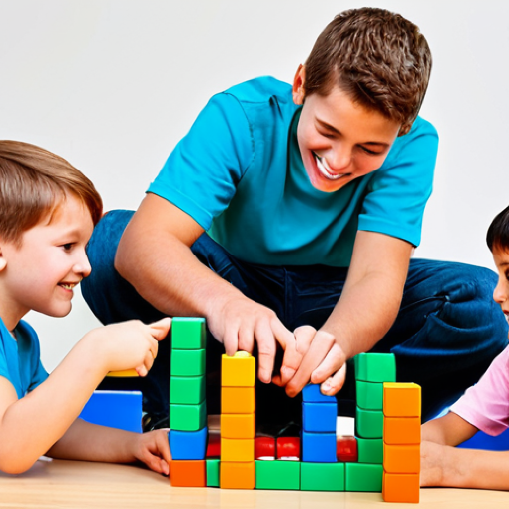 A diverse group of children, fully clothed in appropriate, modest, and family-friendly casual wear, enthusiastically collaborating on building a complex structure with colorful blocks in a bright, spacious play area. Their faces express focus, joy, and shared achievement, demonstrating teamwork and problem-solving skills. Perfect anatomy, correct proportions, natural poses, well-formed hands, proper finger count, natural body proportions. Professional photography, high quality, vibrant colors, soft natural lighting, safe for work, appropriate content.