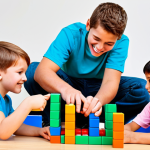 A diverse group of children, fully clothed in appropriate, modest, and family-friendly casual wear, enthusiastically collaborating on building a complex structure with colorful blocks in a bright, spacious play area. Their faces express focus, joy, and shared achievement, demonstrating teamwork and problem-solving skills. Perfect anatomy, correct proportions, natural poses, well-formed hands, proper finger count, natural body proportions. Professional photography, high quality, vibrant colors, soft natural lighting, safe for work, appropriate content.