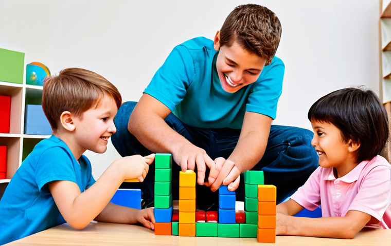 A diverse group of children, fully clothed in appropriate, modest, and family-friendly casual wear, enthusiastically collaborating on building a complex structure with colorful blocks in a bright, spacious play area. Their faces express focus, joy, and shared achievement, demonstrating teamwork and problem-solving skills. Perfect anatomy, correct proportions, natural poses, well-formed hands, proper finger count, natural body proportions. Professional photography, high quality, vibrant colors, soft natural lighting, safe for work, appropriate content.