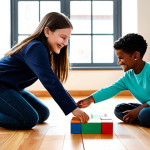A diverse group of children, 6-8 years old, fully clothed in modest, everyday attire, joyfully collaborating on a large, colorful building block project on a clean wooden floor. They are smiling, pointing, and sharing ideas, embodying teamwork and creative problem-solving. The setting is a brightly lit, modern playroom with soft, natural light coming from a large window. The atmosphere is warm and inviting. perfect anatomy, correct proportions, natural pose, well-formed hands, proper finger count, natural body proportions, professional photography, high quality, safe for work, appropriate content, fully clothed, family-friendly.