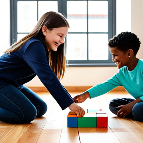 A diverse group of children, 6-8 years old, fully clothed in modest, everyday attire, joyfully collaborating on a large, colorful building block project on a clean wooden floor. They are smiling, pointing, and sharing ideas, embodying teamwork and creative problem-solving. The setting is a brightly lit, modern playroom with soft, natural light coming from a large window. The atmosphere is warm and inviting. perfect anatomy, correct proportions, natural pose, well-formed hands, proper finger count, natural body proportions, professional photography, high quality, safe for work, appropriate content, fully clothed, family-friendly.