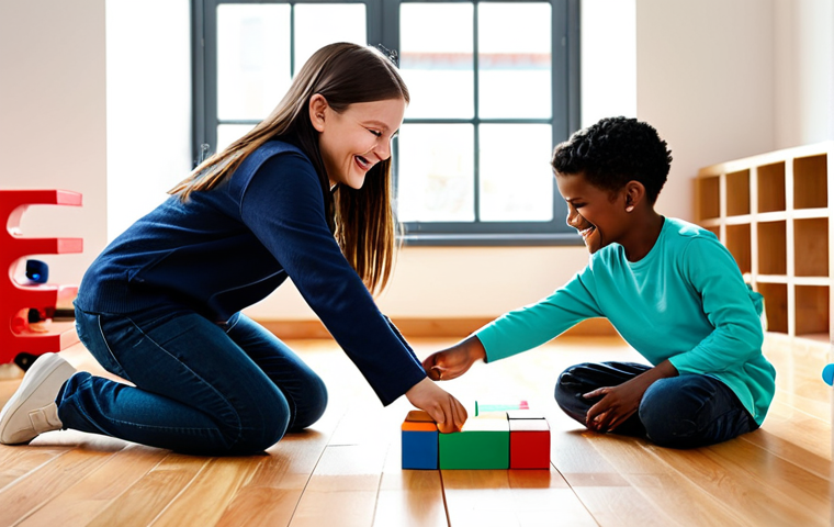 A diverse group of children, 6-8 years old, fully clothed in modest, everyday attire, joyfully collaborating on a large, colorful building block project on a clean wooden floor. They are smiling, pointing, and sharing ideas, embodying teamwork and creative problem-solving. The setting is a brightly lit, modern playroom with soft, natural light coming from a large window. The atmosphere is warm and inviting. perfect anatomy, correct proportions, natural pose, well-formed hands, proper finger count, natural body proportions, professional photography, high quality, safe for work, appropriate content, fully clothed, family-friendly.