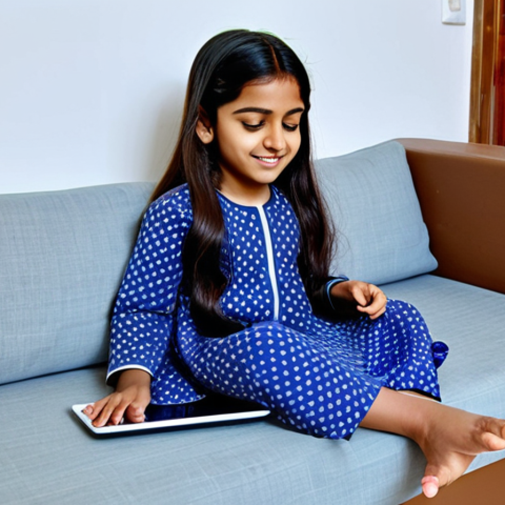 **

"A young Indian girl, around 6 years old, watching Robocar Poli on a tablet. She is sitting on a comfortable sofa in a brightly lit living room, fully clothed in a modest salwar kameez. Toys are scattered around her. Safe for work, appropriate content, perfect anatomy, natural pose, professional, family-friendly, high quality illustration."

**