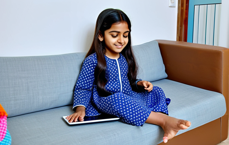 **

"A young Indian girl, around 6 years old, watching Robocar Poli on a tablet. She is sitting on a comfortable sofa in a brightly lit living room, fully clothed in a modest salwar kameez. Toys are scattered around her. Safe for work, appropriate content, perfect anatomy, natural pose, professional, family-friendly, high quality illustration."

**