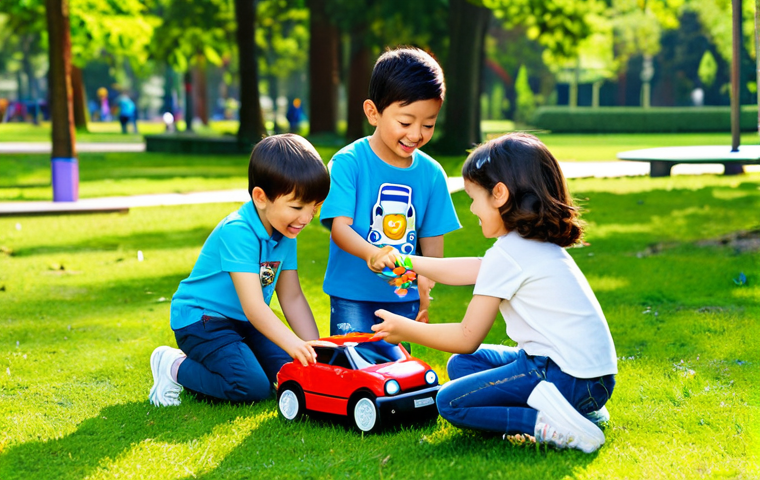 로보카폴리와 놀이 방법 - **
"A group of fully clothed children happily playing with Robocar Poli toys in a bright, sunny par...