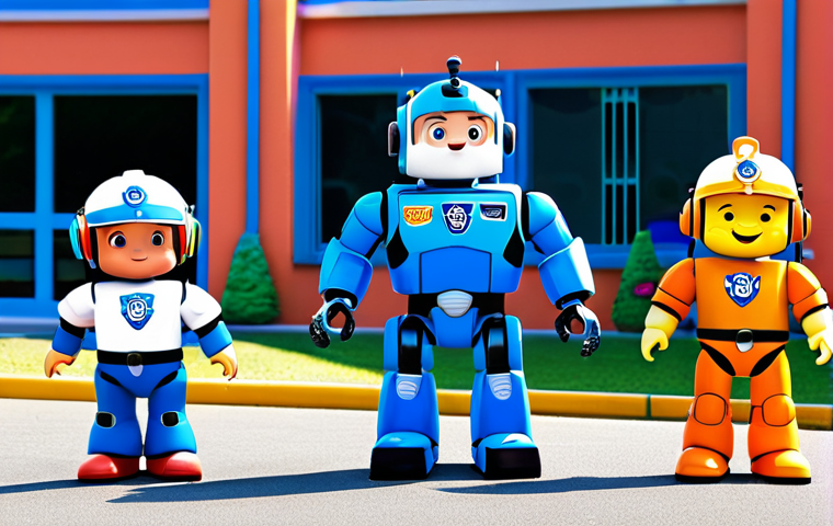 로보카폴리와 소셜미디어 - **
"A bright and colorful scene featuring Robocar Poli and his rescue team friends (Amber, Roy, Hel...