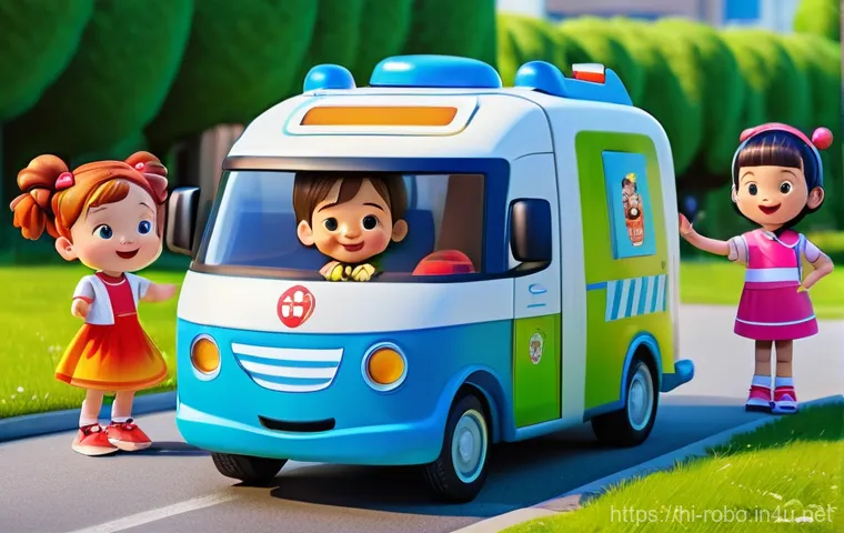 로보카폴리 캐릭터 라이선스 - **Prompt:** "A vibrant, sunny scene in a bustling park, featuring the Robocar Poli rescue team (Poli...