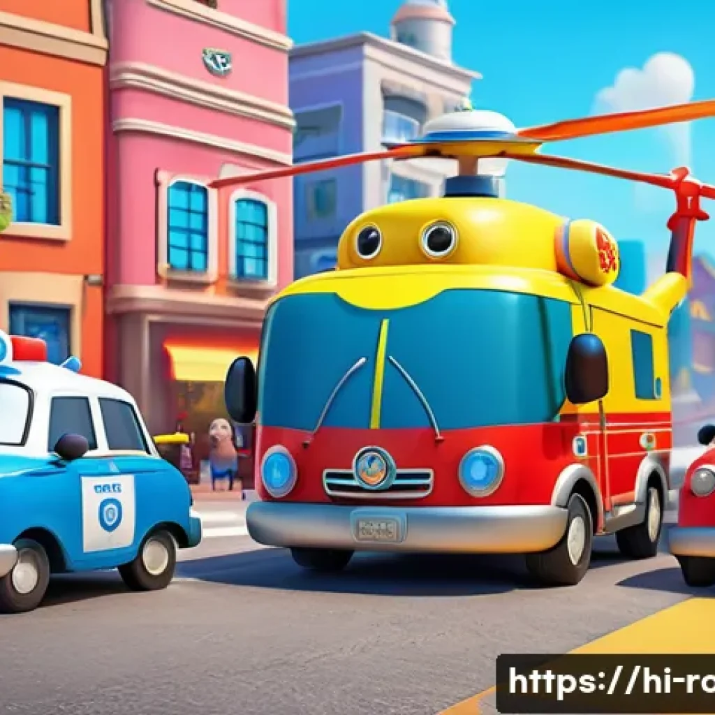 로보카폴리 제작진 인터뷰 - A vibrant 3D scene featuring Robocar Poli, the brave and responsible police car, along with his dive...