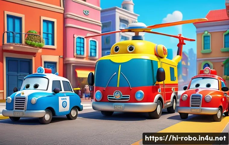 로보카폴리 제작진 인터뷰 - A vibrant 3D scene featuring Robocar Poli, the brave and responsible police car, along with his dive...
