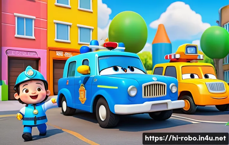 로보카폴리 애니메이션 역사 - A vibrant and detailed scene featuring the main characters of Robocar Poli in a friendly urban envir...