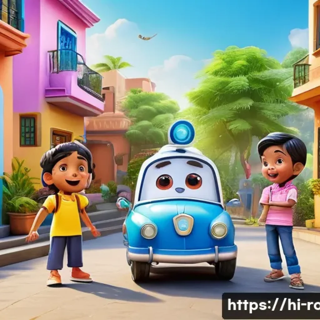 로보카폴리와 아이들의 놀이 방식 - A vibrant and colorful scene of Indian children playing outdoors, imitating characters from Robocar ...