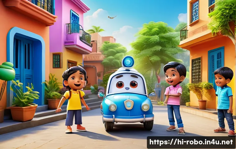 로보카폴리와 아이들의 놀이 방식 - A vibrant and colorful scene of Indian children playing outdoors, imitating characters from Robocar ...
