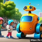 로보카폴리 초창기 컨셉 - A vibrant, colorful scene showing RoboKapi characters working together as a team in a sunny urban se...