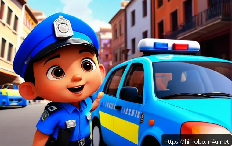 로보카폴리 캐릭터의 매력 - A vibrant and colorful scene featuring Poli, the brave and clever police car character from Robocar ...