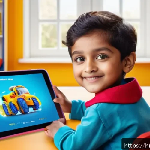 로보카폴리와 부모의 선택 - A vibrant digital classroom scene showing a young Indian child aged 5-7, wearing casual clothes and ...