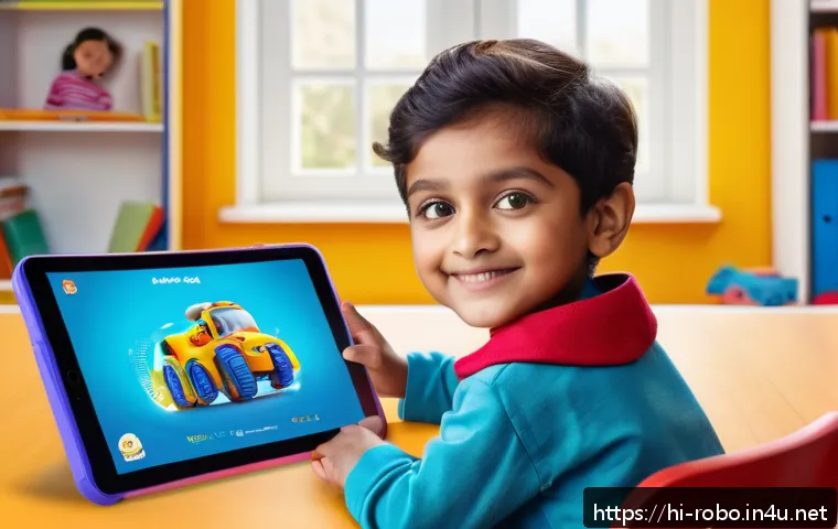 로보카폴리와 부모의 선택 - A vibrant digital classroom scene showing a young Indian child aged 5-7, wearing casual clothes and ...