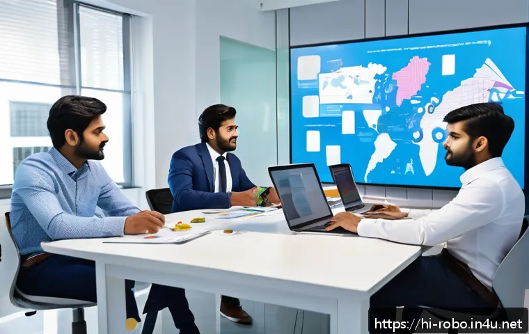 로보카폴리 기획 단계 - A dynamic office scene showing a diverse Indian team collaborating on a futuristic RoboCopoli projec...