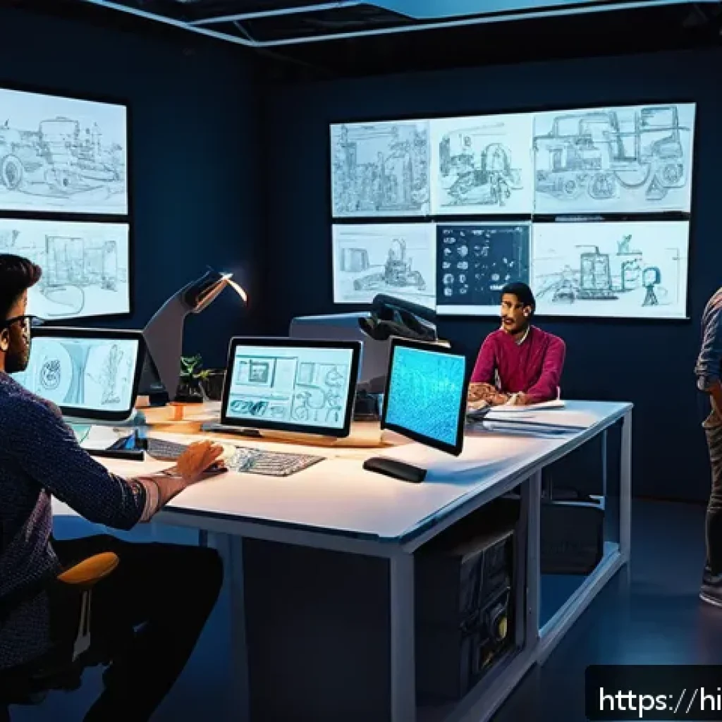 로보카폴리 제작진의 열정 - A vibrant, colorful 3D animation studio scene showing a diverse team of artists, scriptwriters, tech...