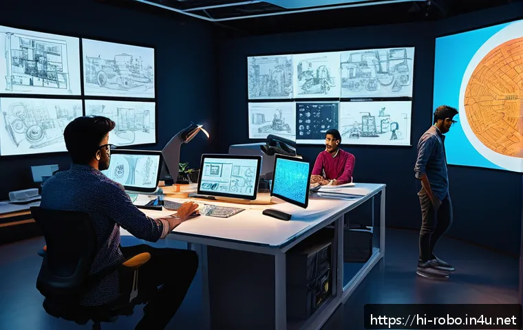 로보카폴리 제작진의 열정 - A vibrant, colorful 3D animation studio scene showing a diverse team of artists, scriptwriters, tech...