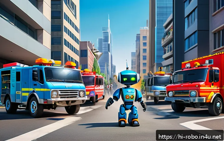 로보카폴리와 캐릭터 성장 - A vibrant and dynamic scene featuring the RoboKapi team standing heroically together in a bright urb...