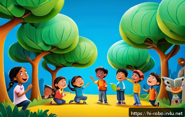 로보카폴리 책 시리즈 - A vibrant and colorful scene featuring lively cartoon characters from the Robokapoli book series eng...