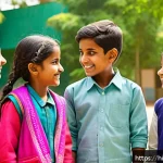 Home 22 로보카폴리 캐릭터별 슬로건 - A vibrant, colorful scene featuring Hindi-speaking children inspired by Robokapoli characters, worki...