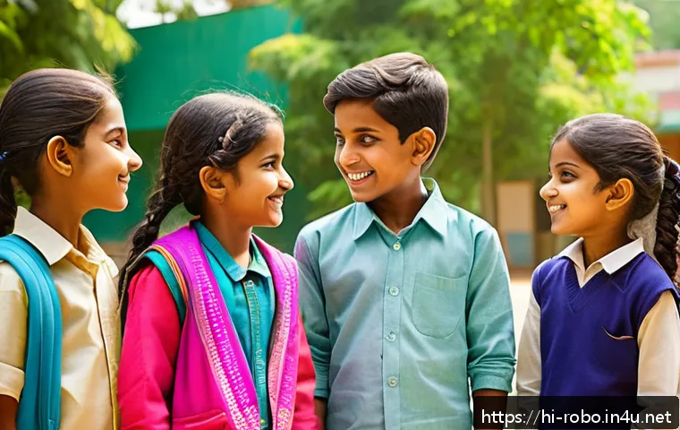 로보카폴리 캐릭터별 슬로건 - A vibrant, colorful scene featuring Hindi-speaking children inspired by Robokapoli characters, worki...