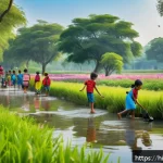 Home 21 로보카폴리와 환경 보호 - A vibrant and colorful scene of Indian children wearing casual clothes and playing outdoors in a lus...