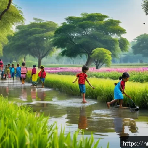 Home 33 로보카폴리와 환경 보호 - A vibrant and colorful scene of Indian children wearing casual clothes and playing outdoors in a lus...