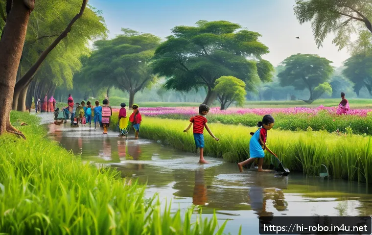 로보카폴리와 환경 보호 - A vibrant and colorful scene of Indian children wearing casual clothes and playing outdoors in a lus...