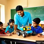 Home 20 로보카폴리와 STEM 콘텐츠 - A vibrant classroom scene showing Indian children aged around 7-10 years wearing colorful casual clo...