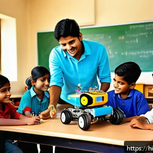Home 32 로보카폴리와 STEM 콘텐츠 - A vibrant classroom scene showing Indian children aged around 7-10 years wearing colorful casual clo...