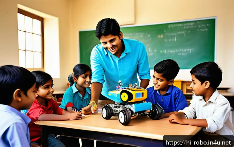로보카폴리와 STEM 콘텐츠 - A vibrant classroom scene showing Indian children aged around 7-10 years wearing colorful casual clo...