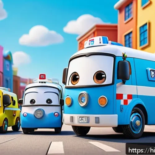Home 31 로보카폴리 팬덤 문화 - A vibrant, colorful scene featuring RoboCopoli characters Poli, Roy, and Ambulance Emmy in a friendl...