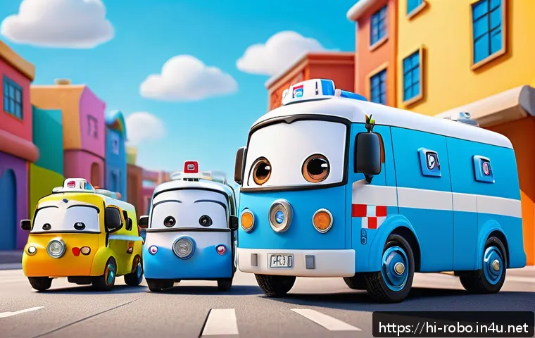 로보카폴리 팬덤 문화 - A vibrant, colorful scene featuring RoboCopoli characters Poli, Roy, and Ambulance Emmy in a friendl...