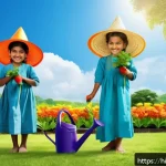 Home 18 로보카폴리와 환경 보호 메시지 - A vibrant outdoor scene showing Indian children in colorful traditional clothes and casual wear, hap...