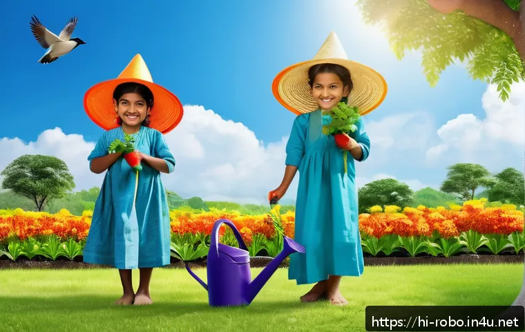 로보카폴리와 환경 보호 메시지 - A vibrant outdoor scene showing Indian children in colorful traditional clothes and casual wear, hap...