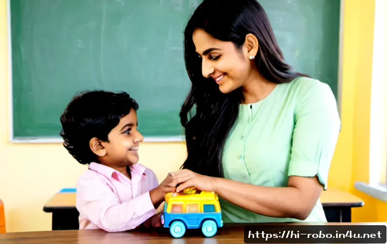 Home 17 로보카폴리의 유아교육적 가치 - Photorealistic Indian preschool classroom, a smiling Hindi-speaking mother and young child wearing m...