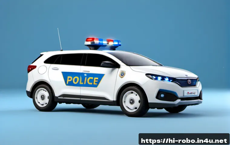 로보카폴리의 독창적인 디자인 요소 - Photorealistic studio concept scene of a friendly compact blue-and-white robotic rescue police car, ...
