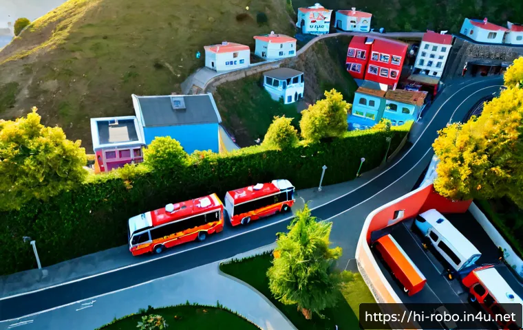 로보카폴리 브룸스타운 구조도 - Photorealistic aerial diorama of a cheerful small rescue town, clearly organized streets connecting ...