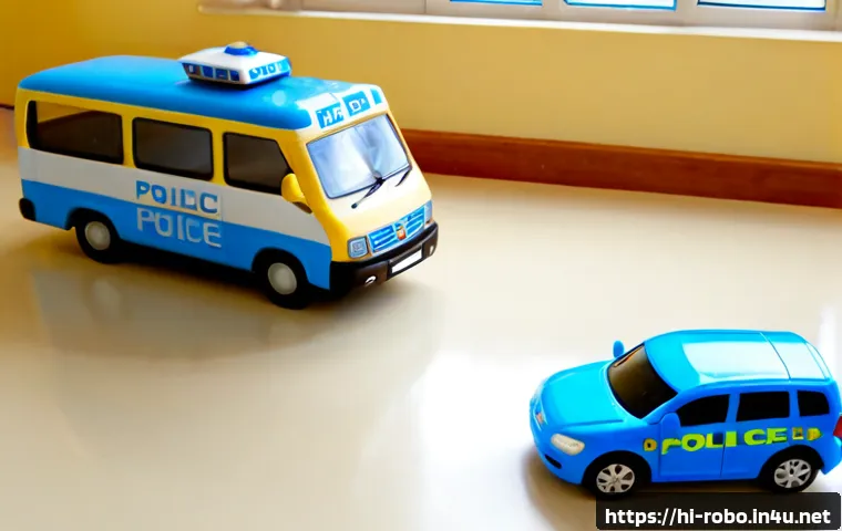 로보카폴리와 타요 비교 - Photorealistic side-by-side comparison scene of two colorful children’s toy vehicles on a clean play...