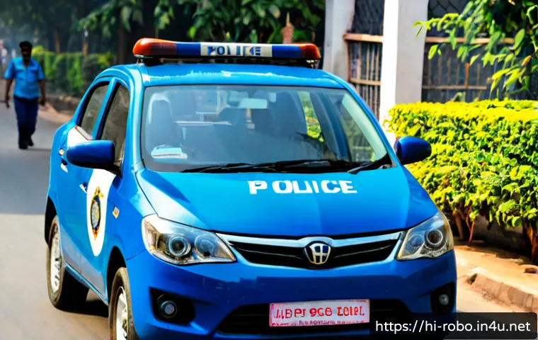 Home 31 로보카폴리 주인공 폴리 - Photorealistic friendly blue police rescue car character with expressive windshield eyes, parked on ...