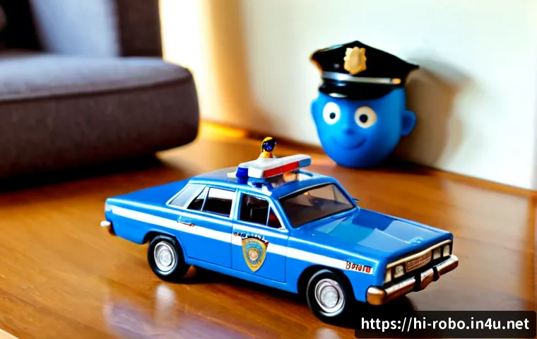 로보카폴리 굿즈 후기 - Photorealistic product review scene of a cute blue cartoon-style police rescue vehicle toy, small di...